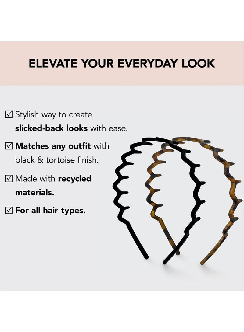 Zig Zag Headbands - Recycled Plastic Hair Band for Men & Women - Classic 90s Headband & Hairband - Mens Headband - Wavy Headband with Teeth - Hair Headbands - 2pcs Black & Amber - Image 2