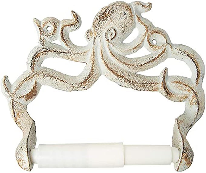 DECORATIVE CAST IRON OCTOPUS TOILET PAPER ROLL HOLDER WALL MOUNTED OCTOPUS DCOR FOR BATHROOM KRAKEN NAUTICAL BATHROOM ACCESSORIES EASY TO INSTALL WITH INCLUDED SCREWS AND ANCHORS RUST WHITE