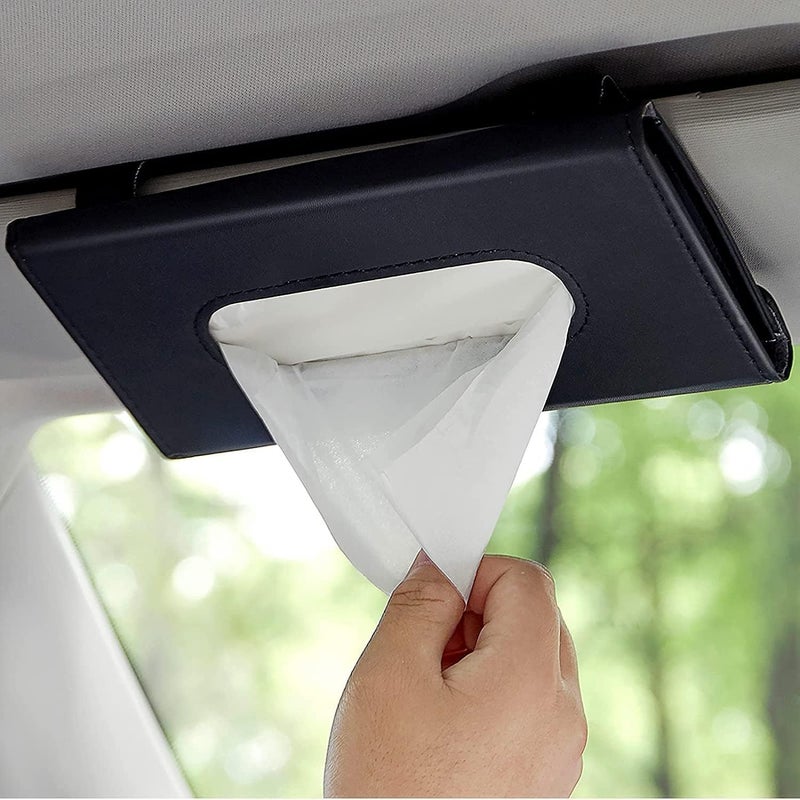 Cabius Car Tissue Box & Napkin Holder – PU Leather Paper Towel & Wipes Case for Sun Visor Holder | Universal Car Interior Accessory – Compatible with All Cars (Black) - Image 1