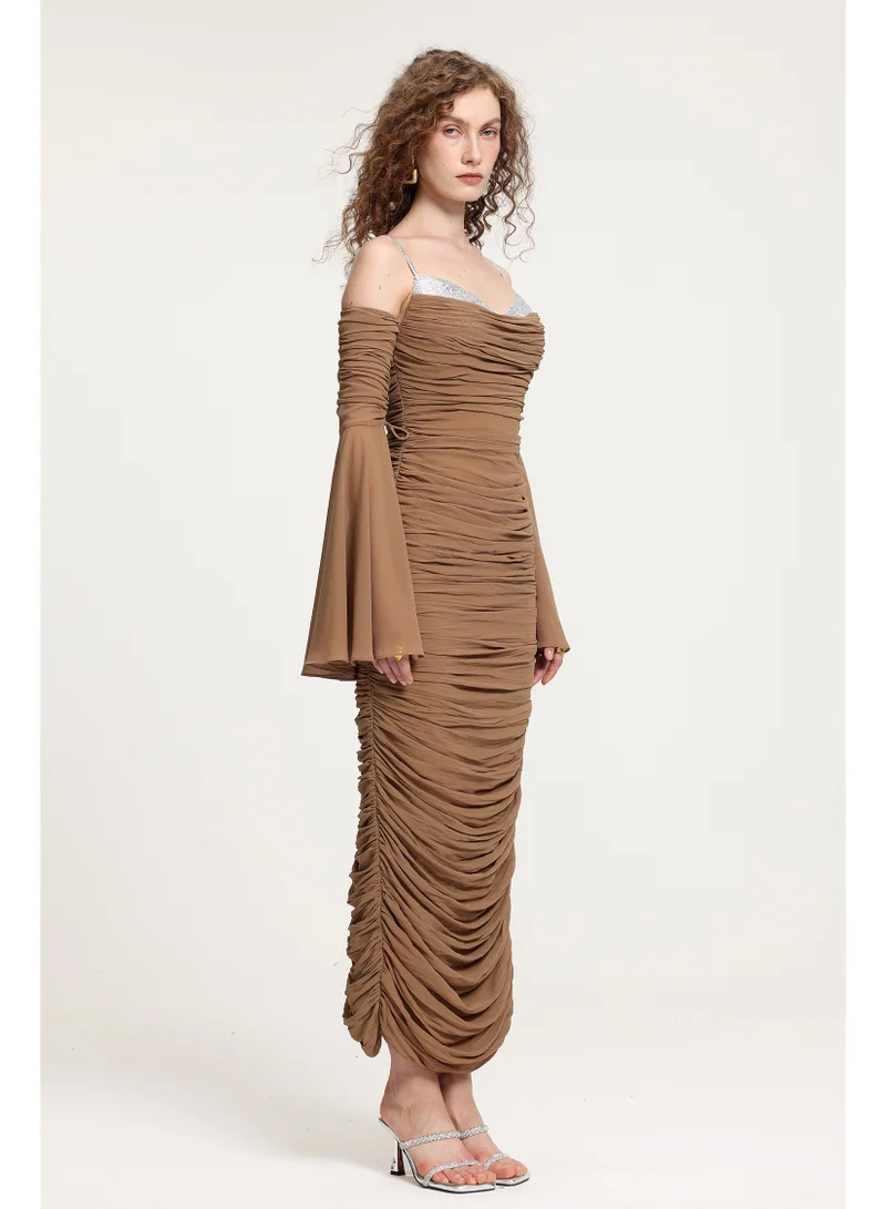 Bella Barnett Ruched Off-Shoulder Maxi Dress With Bell Sleeves