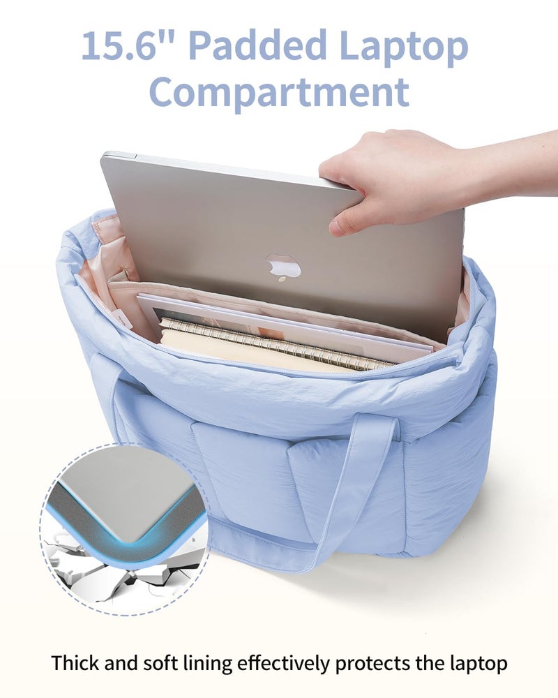 Narwey Puffer Tote Bag for Women Work with 15.6" Laptop Compartment, Puffy Quilted Travel Tote Bags with Luggage Sleeve for Carry on, Gym, Teacher, Nurse (Blue, Large) - Image 4