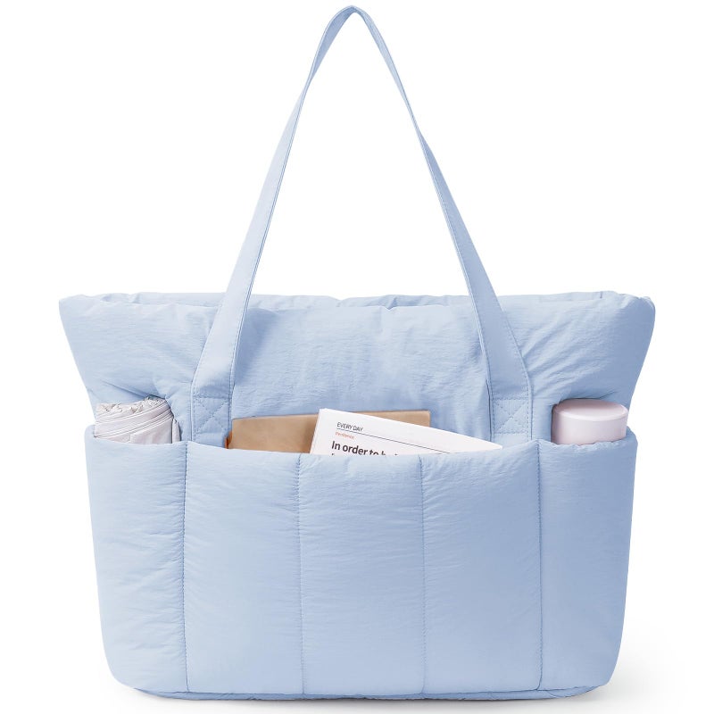 Narwey Puffer Tote Bag for Women Work with 15.6" Laptop Compartment, Puffy Quilted Travel Tote Bags with Luggage Sleeve for Carry on, Gym, Teacher, Nurse (Blue, Large) - Image 1