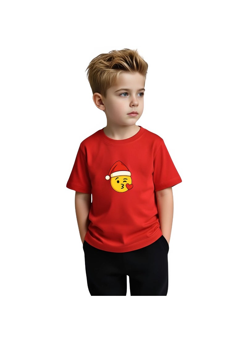 برينت شوب فور مي تي شيرت أحمر للأطفال من Christmas Emoji للأولاد - تي شيرت من القطن الناعم برقبة دائرية وأكمام قصيرة مع وجه مبتسم - رائع للحفلات - Image 3