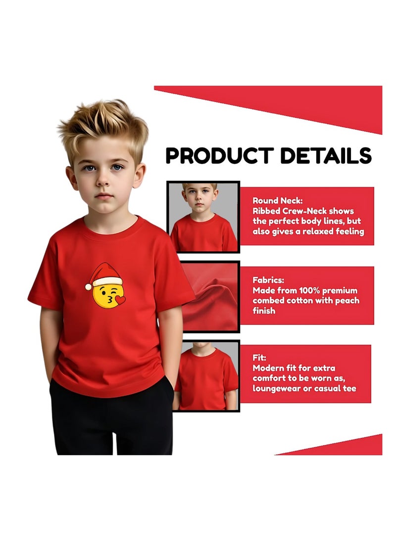 برينت شوب فور مي تي شيرت أحمر للأطفال من Christmas Emoji للأولاد - تي شيرت من القطن الناعم برقبة دائرية وأكمام قصيرة مع وجه مبتسم - رائع للحفلات - Image 4