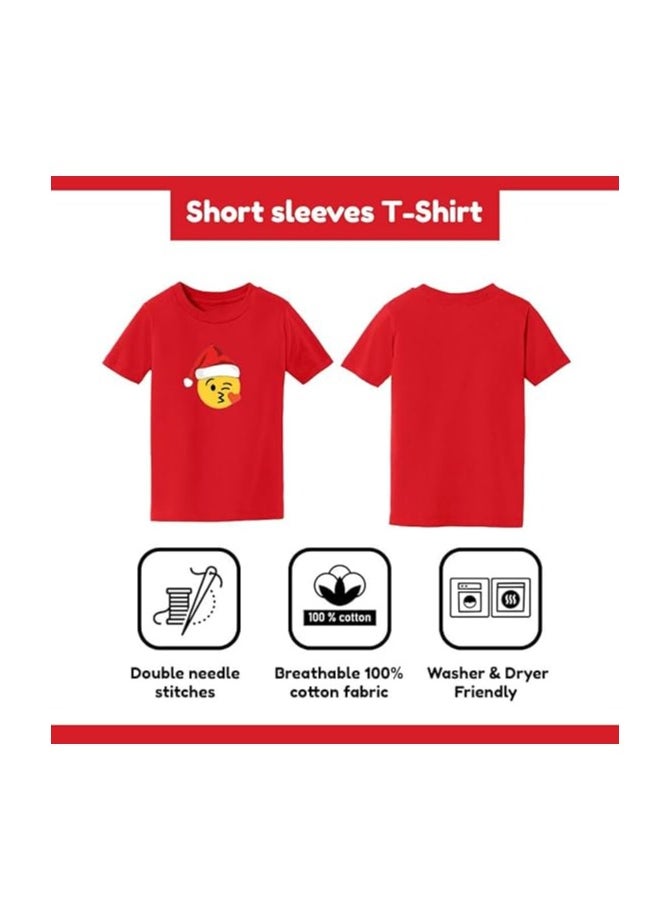 PRINTSHOP4ME - Christmas Emoji Kids Red T-Shirt For Boys–Soft Cotton Round Neck Short Sleeve T-Shirt With Smiley Face Emoji–Great For Parties - Image 1