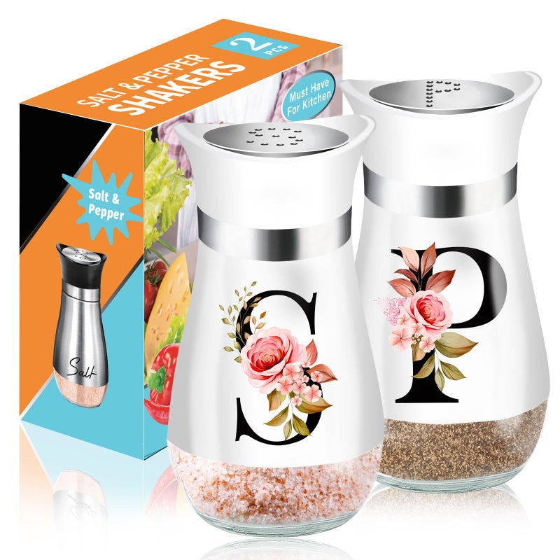 H&Foumre Salt and Pepper Shakers Set, 4 oz White Kitchen Accessories, Stainless Steel & Glass Spice Dispenser Classic, Refillable Design, Farmhouse Salt Pepper Shakers Cute Kitchen Decoration - Image 1