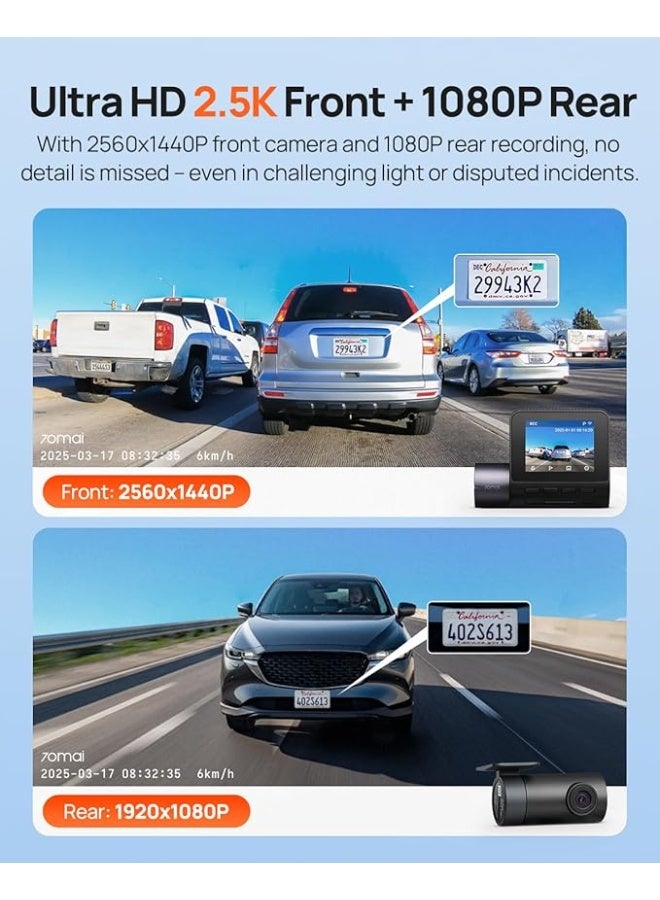 70mai Dash Cam Front and Rear - 2.5K+1080P Dual Dash Camera with HDR, Super Night Vision, F1.55 Aperture, 24H Parking Mode, Built-in Wi-Fi & GPS, G-Sensor, Loop Recording, 64GB Card Included (A410) - Image 5