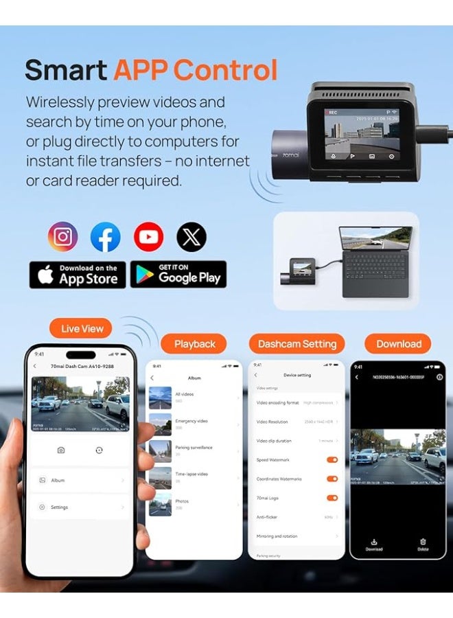70mai Dash Cam Front and Rear - 2.5K+1080P Dual Dash Camera with HDR, Super Night Vision, F1.55 Aperture, 24H Parking Mode, Built-in Wi-Fi & GPS, G-Sensor, Loop Recording, 64GB Card Included (A410) - Image 4