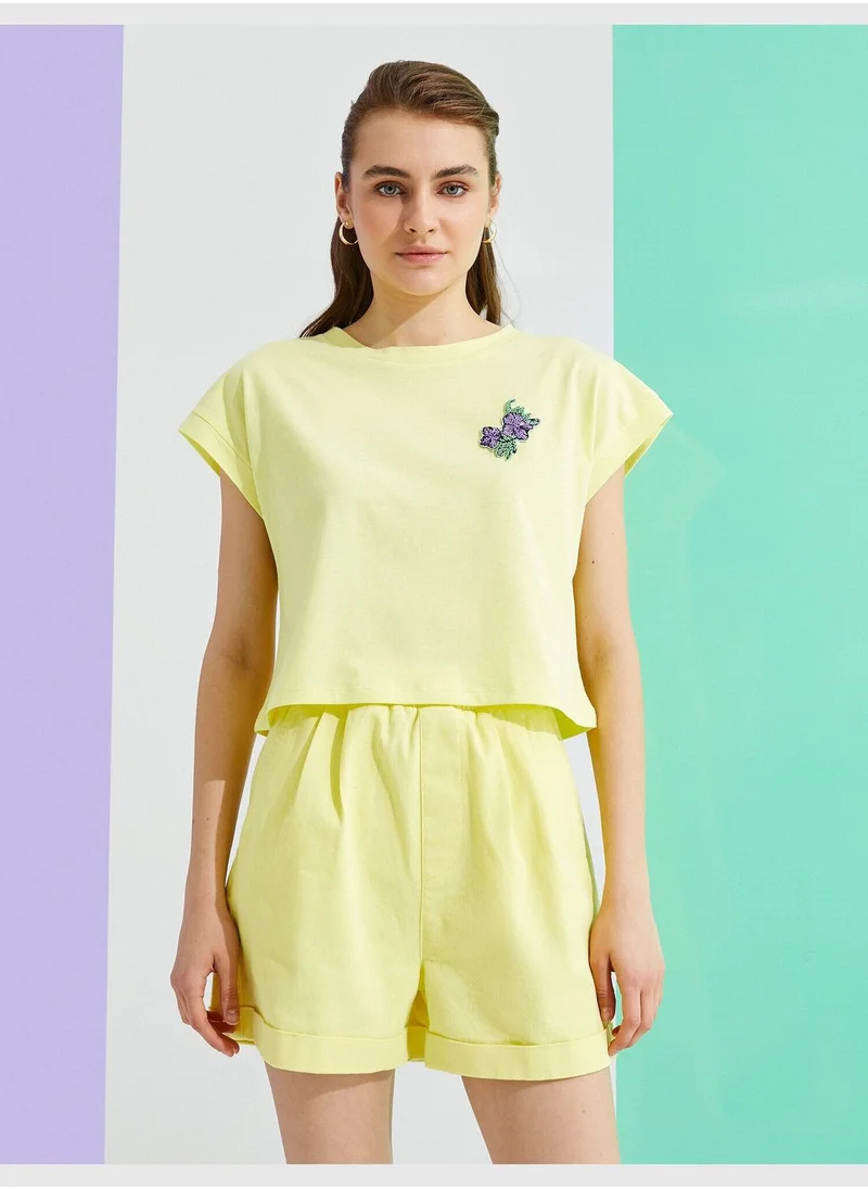 كوتون Embroidered T-Shirt Crew Neck Cotton