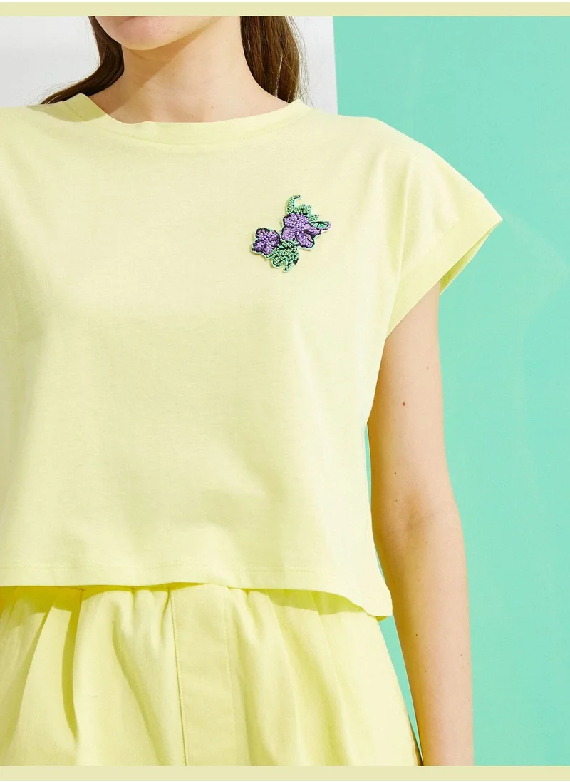 كوتون Embroidered T-Shirt Crew Neck Cotton