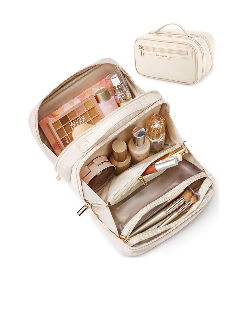 BAGSMART BAGSMART Travel Makeup Bag Large Capacity Cosmetic Bag, Wide-open Portable Make Up Bag Organizer for Women for Travel Essentials Travel-Size Toiletries Accessories Bottles, Brushes (Beige)  - Image 1