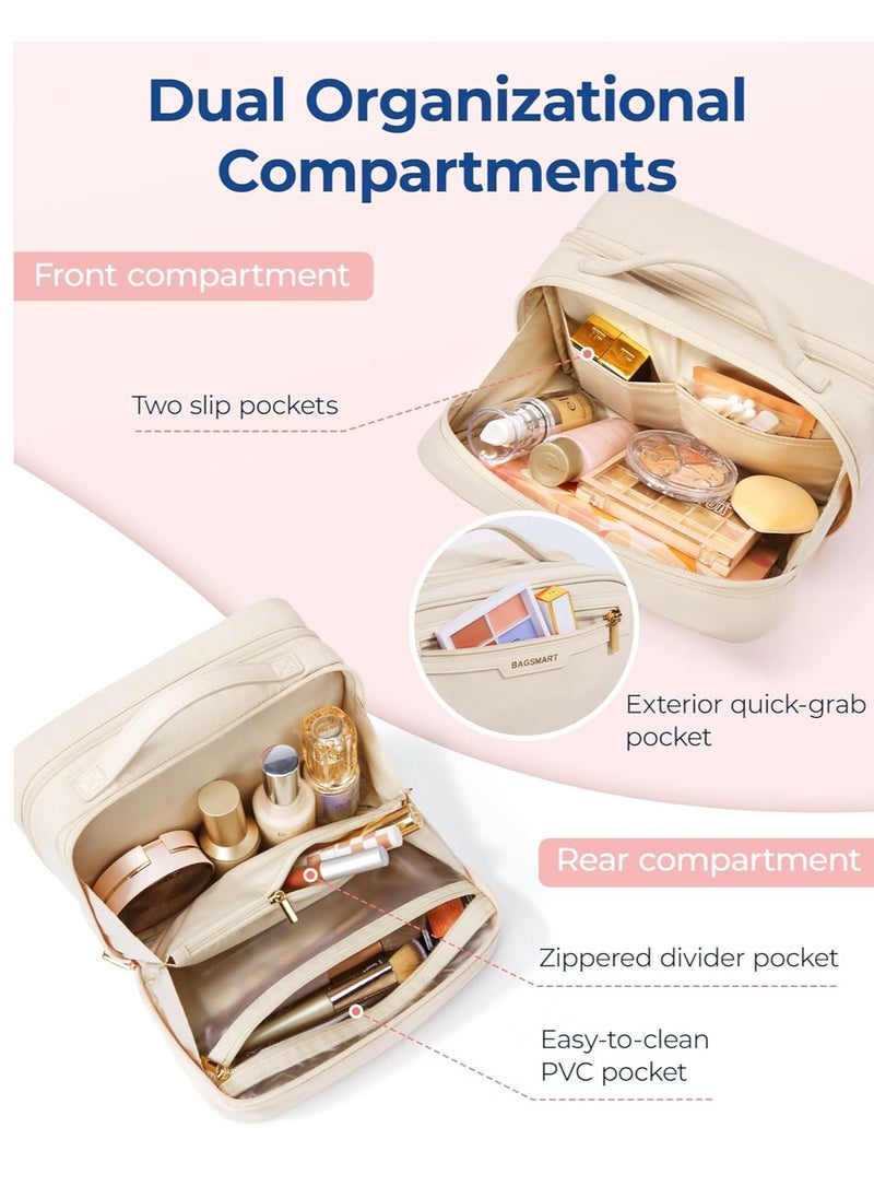 BAGSMART BAGSMART Travel Makeup Bag Large Capacity Cosmetic Bag, Wide-open Portable Make Up Bag Organizer for Women for Travel Essentials Travel-Size Toiletries Accessories Bottles, Brushes (Beige)  - Image 4