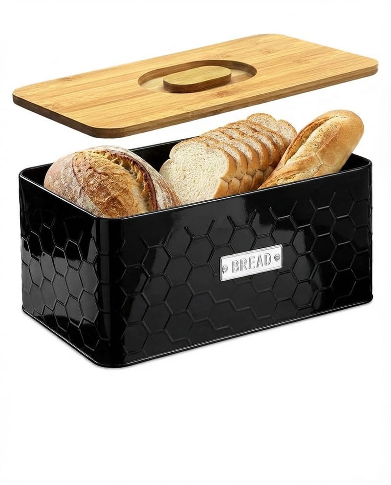 vensovo Bread Box for Countertop â€“ Large Black Metal Bread Bin with Bamboo Cutting Board Lid, Farmhouse Bread Storage Container for Homemade Bread, Baked Goods & Kitchen Counter Organization - Image 1