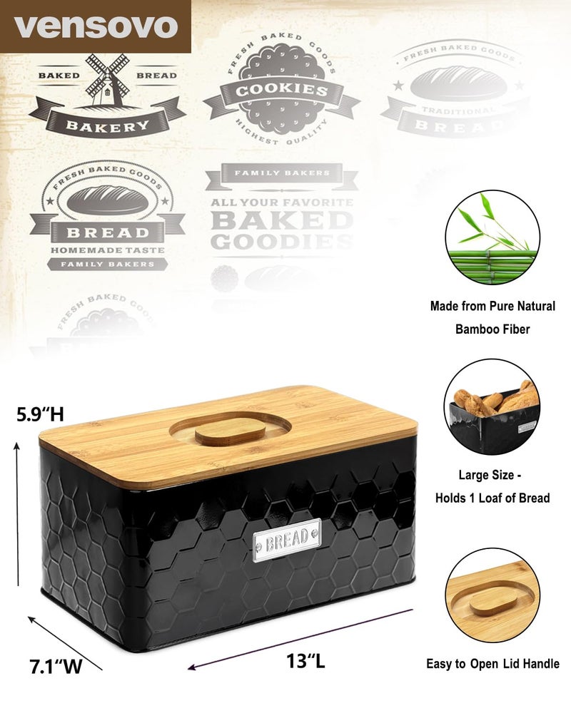 vensovo Bread Box for Countertop â€“ Large Black Metal Bread Bin with Bamboo Cutting Board Lid, Farmhouse Bread Storage Container for Homemade Bread, Baked Goods & Kitchen Counter Organization - Image 2