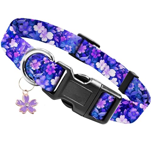 Kazazoo Dog Collar Cute and Soft Nylon Puppy Collar Girl, Adjustable Dog Collars for Small Medium Dogs, Purple Flowers-M - Image 1