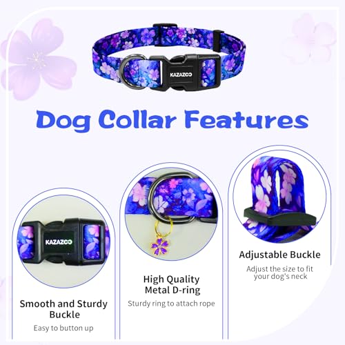 Kazazoo Dog Collar Cute and Soft Nylon Puppy Collar Girl, Adjustable Dog Collars for Small Medium Dogs, Purple Flowers-M - Image 2