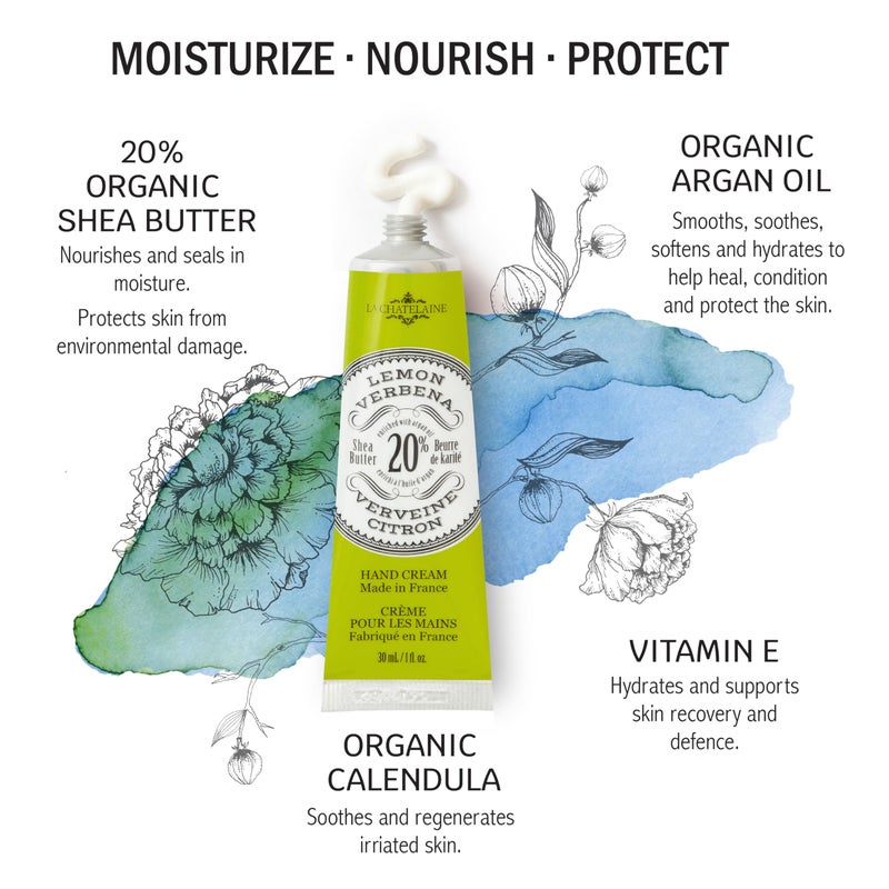 La Chatelaine 20% Shea Butter Hand Cream Travel Size, Organic Argan Oil, Moisturizing, Nourishing, Repairing, Extra-Rich Hand Lotion, Made in France, Paraben Free, 1 oz / 30ml (Lemon Verbena) - Image 2