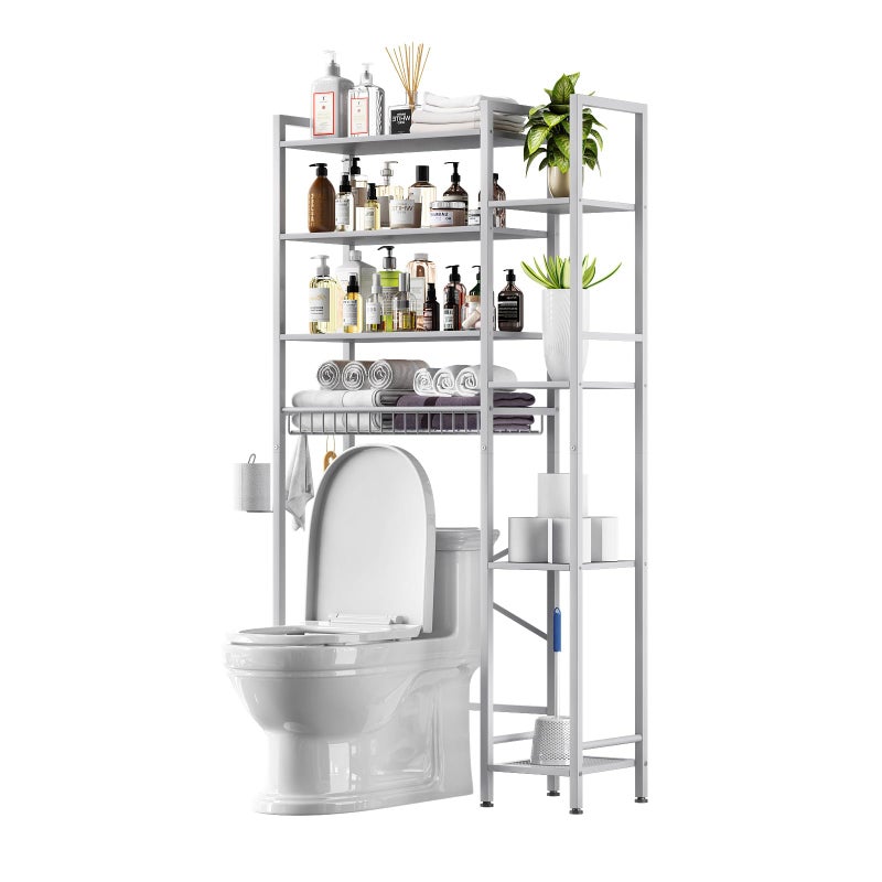 Kalrin 8-Tier Over The Toilet Storage with Side Rack, Over Toilet Storage Rack with Adjustable Shelf & Drain Basket, Freestanding Bathroom Organizer for Balcony, Laundry (Pure White) - Image 4
