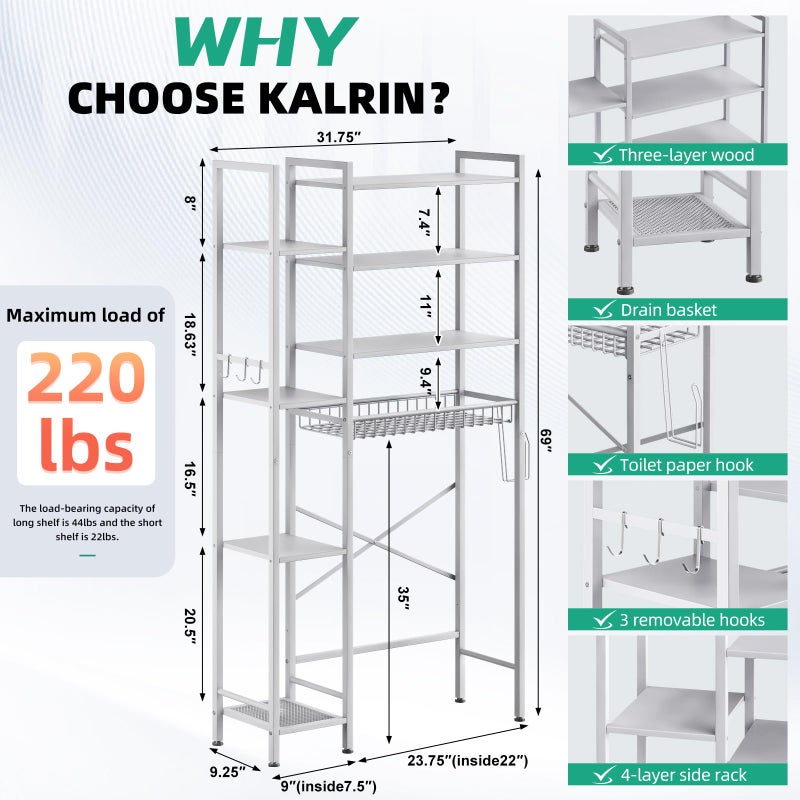 Kalrin 8-Tier Over The Toilet Storage with Side Rack, Over Toilet Storage Rack with Adjustable Shelf & Drain Basket, Freestanding Bathroom Organizer for Balcony, Laundry (Pure White) - Image 3