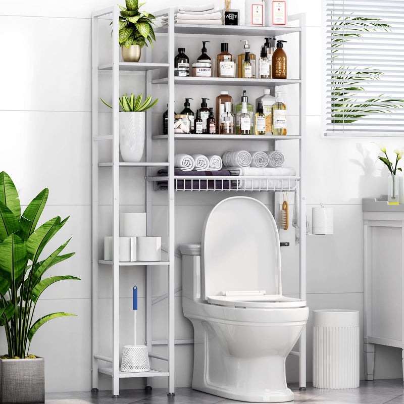 Kalrin 8-Tier Over The Toilet Storage with Side Rack, Over Toilet Storage Rack with Adjustable Shelf & Drain Basket, Freestanding Bathroom Organizer for Balcony, Laundry (Pure White) - Image 1