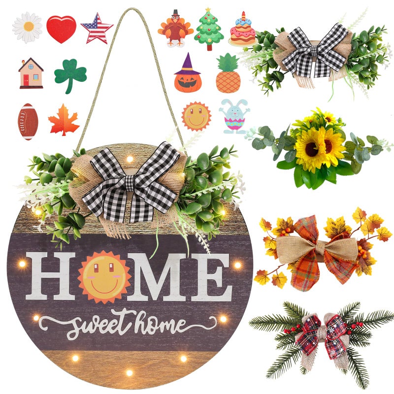 HOMCDALY Interchangeable Seasonal Welcome Sign Front Door Decoration with 4 Seasonal Wreaths and LED Light, Rustic Round Wood Wreaths Wall Hanging Outdoor, Farmhouse Front Door Decoration Home Décor - Image 1