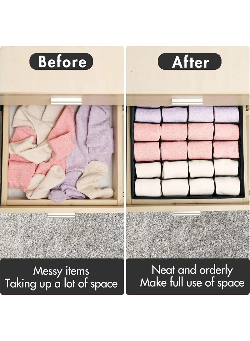 4 حزم من منظمات درج الملابس الداخلية والجوارب من القماش غير المنسوج – منظم خزانة قابل للطي بفواصل متعددة الخلايا (6 / 7 / 8 / 24 خلية) – صناديق تخزين موفرة للمساحة للجوارب والملابس الداخلية وحمالات الصدر وربطات العنق – مقاوم للرطوبة والتمزق وسهل الاستخدام - أسود - Image 5