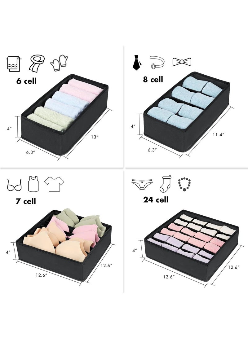 4 حزم من منظمات درج الملابس الداخلية والجوارب من القماش غير المنسوج – منظم خزانة قابل للطي بفواصل متعددة الخلايا (6 / 7 / 8 / 24 خلية) – صناديق تخزين موفرة للمساحة للجوارب والملابس الداخلية وحمالات الصدر وربطات العنق – مقاوم للرطوبة والتمزق وسهل الاستخدام - أسود - Image 3