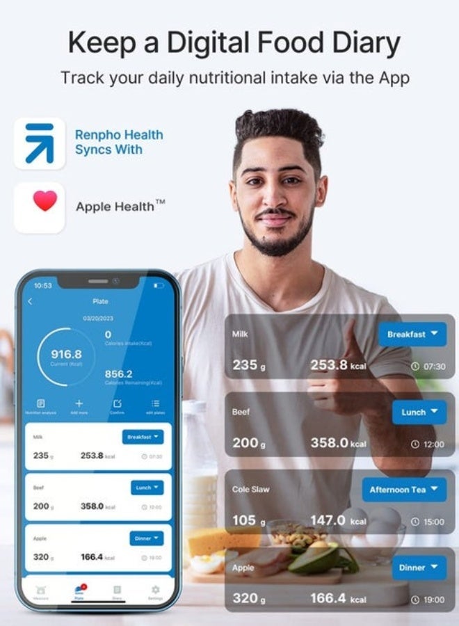 رينفو مقياس المطبخ الرقمي من رينفو، ميزان طعام ذكي لأوقية الطعام وجرامات، مقياس وزن القهوة مع تطبيق حاسبة غذائية للكيتو، السعرات الحرارية الكبيرة، فقدان الوزن، التخرج الدقيق، الفولاذ المقاوم للصدأ - Image 4
