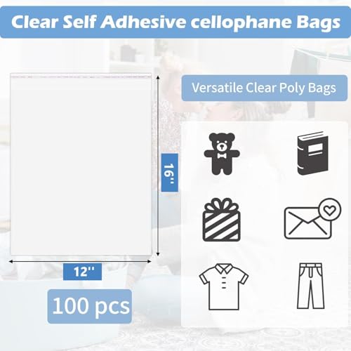 Aqbah Plastic Transparent Clear bags, Self Adhesive Resealable BOPP Plastic Pouch Bags for Packing Jewellery, Pack of 100 (12 X 16) - Image 2