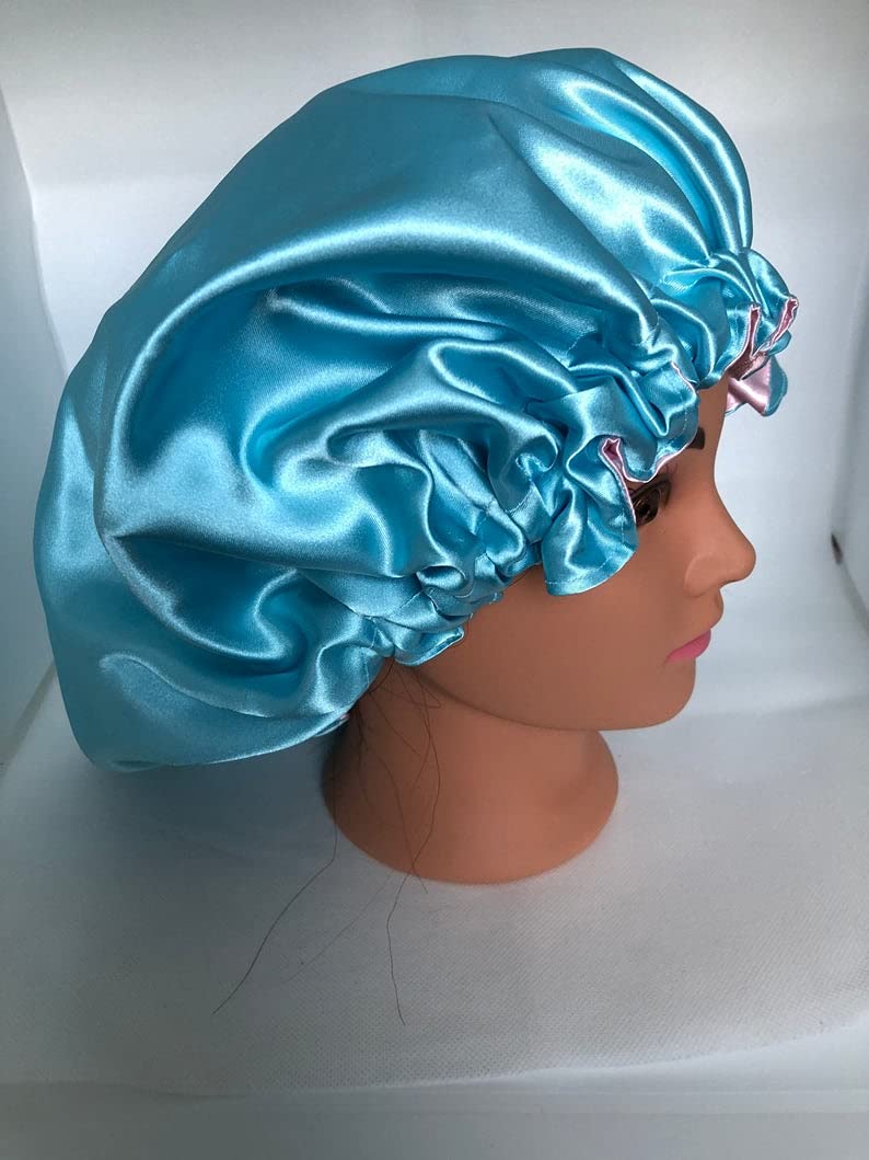 VIYANSHI Adjustable Satin Sleep Cap Hair Bonnet Double Layered Reversible for Women Protective Sleep Hairstyles Teal Blue - Image 2