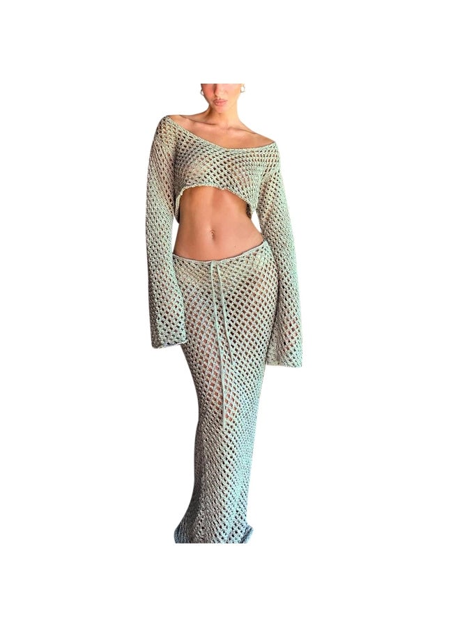 Women 's 2 Piece Crochet Swimsuit Cover Up, Off Shoulder Knit Crop Tops and Long Skirt Set Beachwear