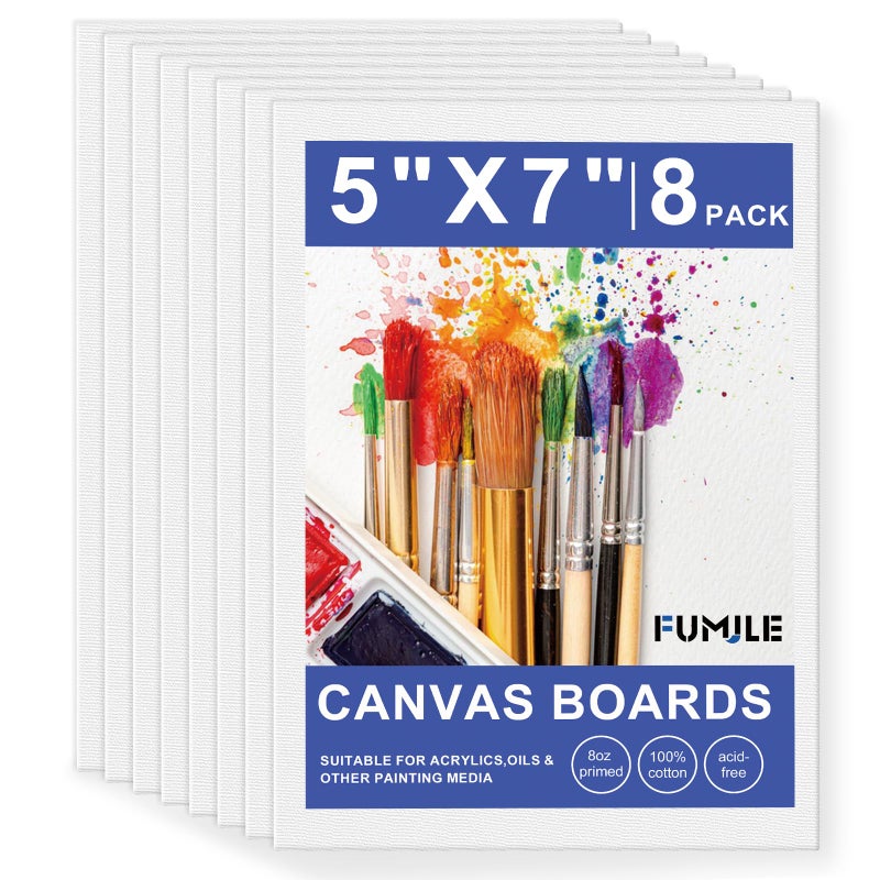 FUMILE 5x7 Inch Canvas Boards for Painting, 8 Pack Primed Acid-Free Blank Canvas Panels, Mini Canvas for Beginners & Artist, Small Canvases for Painting for Classroom and Painting Parties. - Image 1