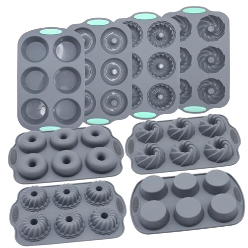 Tongjude 8 Pieces Silicone Donut Pans, Nonstick Silicone Muffin Pans, Heat Resistant Kitchen Oven Baking Cups, Dishwasher Safe and Microwave Safe, Grey - Image 1