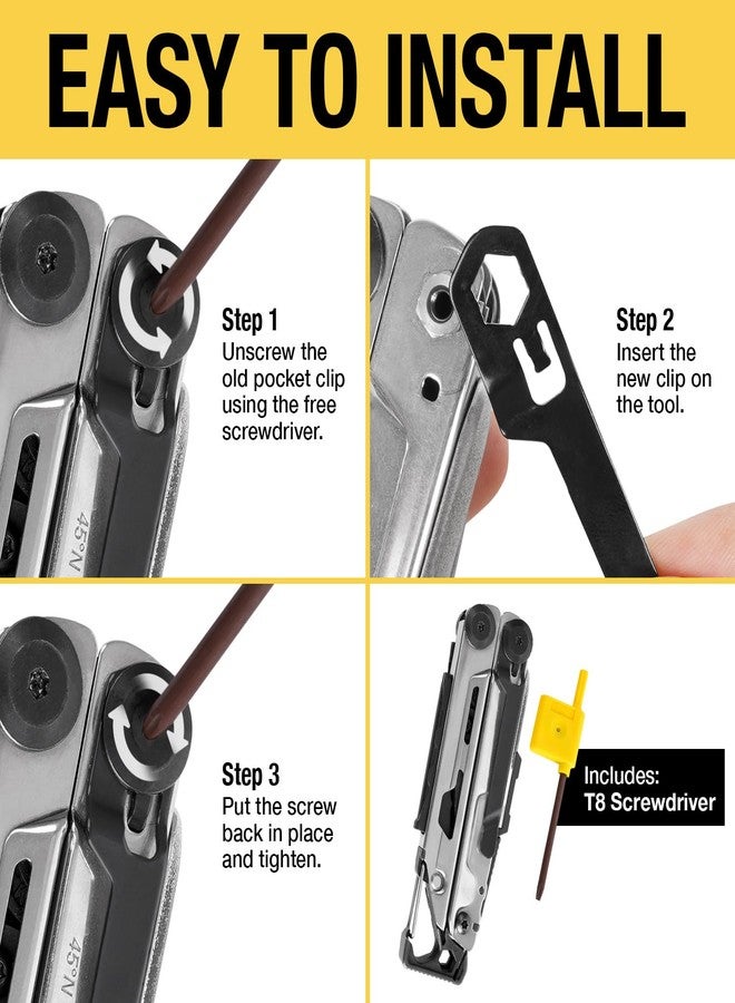 Samorillo [2-Pack] Stainless Steel Pocket Clip - Perfect Fit For Leatherman Signal Multi-Tool - 1 Black + 1 Silver/Metal - Add Or Replace Broken Belt Clip in Seconds - Screwdriver Included For Easy Installation - Image 5