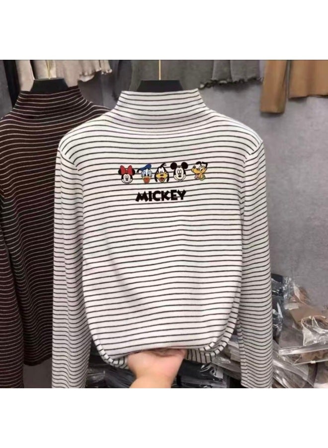 Boys And Girls' Thermal Base Layer Shirts, Spring And Autumn, Big Kids' Half-high Collar Long-sleeve T-shirts, Stylish Striped Warm Tops