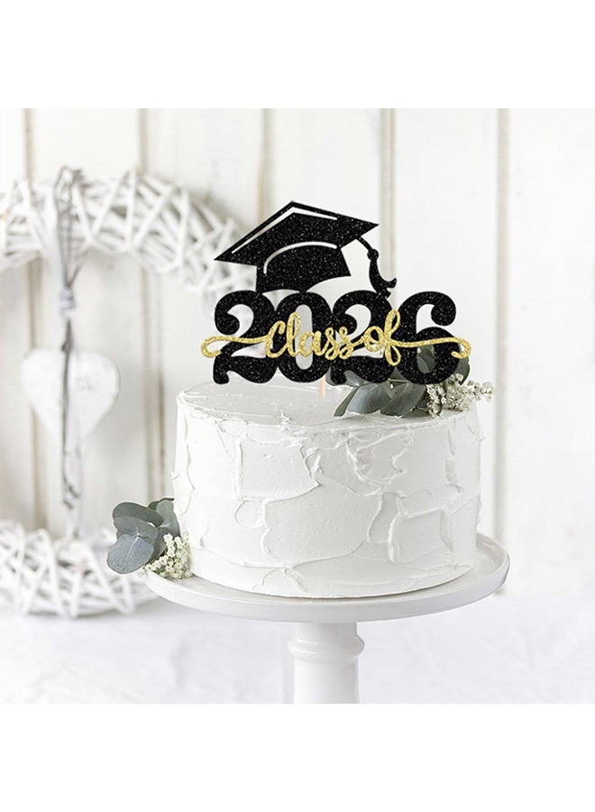 1 Pc Black Gold Glitter Class of 2026 Graduation Cake Topper, Congrats Grad Cap Cake Pick, Party Decoration Supply for High School Boys & Girls Graduation Celebrations - Image 3