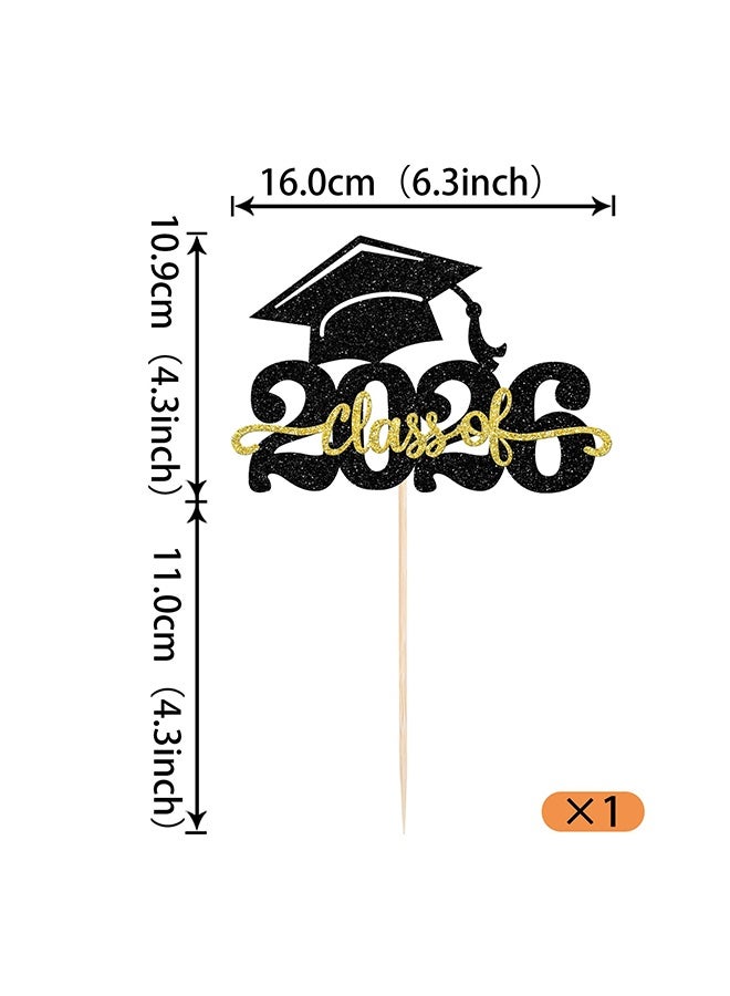 1 Pc Black Gold Glitter Class of 2026 Graduation Cake Topper, Congrats Grad Cap Cake Pick, Party Decoration Supply for High School Boys & Girls Graduation Celebrations - Image 2