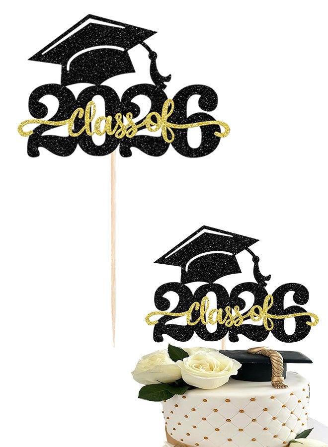 1 Pc Black Gold Glitter Class of 2026 Graduation Cake Topper, Congrats Grad Cap Cake Pick, Party Decoration Supply for High School Boys & Girls Graduation Celebrations - Image 1
