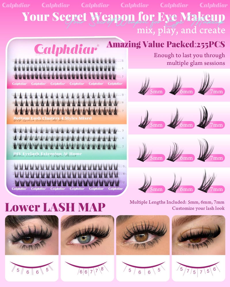 calphdiar Bottom Lash Clusters DIY Eyelash Extensions 4 Styles Lower Lashes Wispy Bottom Individual Lashes 5-7mm Natural Thin Band Eyelash Clusters 225pcs for Bottom Lash Extension by calphdiar - Image 3