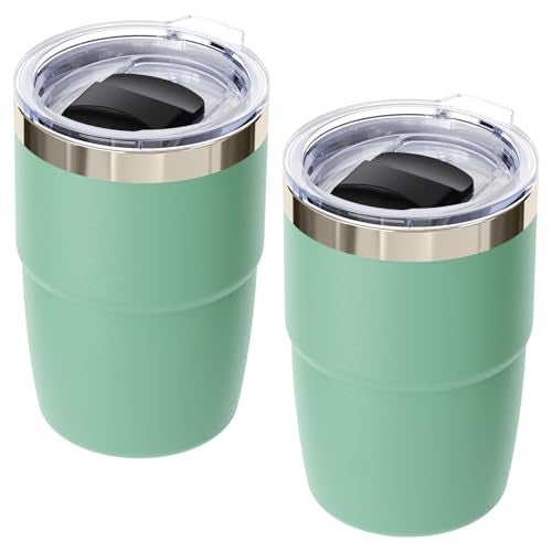 Cafezi 8 oz Espresso/Coffee Cup with Magnetic Lid, Ceramic-Lined 18/8 Stainless Steel, Double-Wall Vacuum Insulated, Stackable, Dishwasher Safe, Mini Tumbler for On-the-Go (Seafoam, 2 Pack) - Image 1