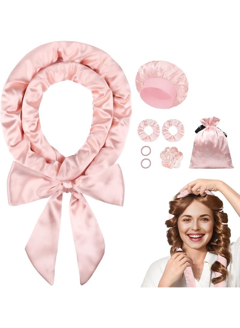 مكواة تجعيد الشعر الحريرية بدون حرارة لتجعيد الشعر أثناء النوم، مكواة تجعيد الشعر بدون حرارة لتجعيد الشعر طوال الليل، مجموعة تجعيد بدون حرارة للنساء ذوات الشعر الطويل - ٨ قطع (وردي فاتح) - Image 1
