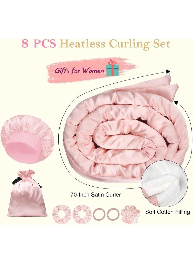 مكواة تجعيد الشعر الحريرية بدون حرارة لتجعيد الشعر أثناء النوم، مكواة تجعيد الشعر بدون حرارة لتجعيد الشعر طوال الليل، مجموعة تجعيد بدون حرارة للنساء ذوات الشعر الطويل - ٨ قطع (وردي فاتح) - Image 4