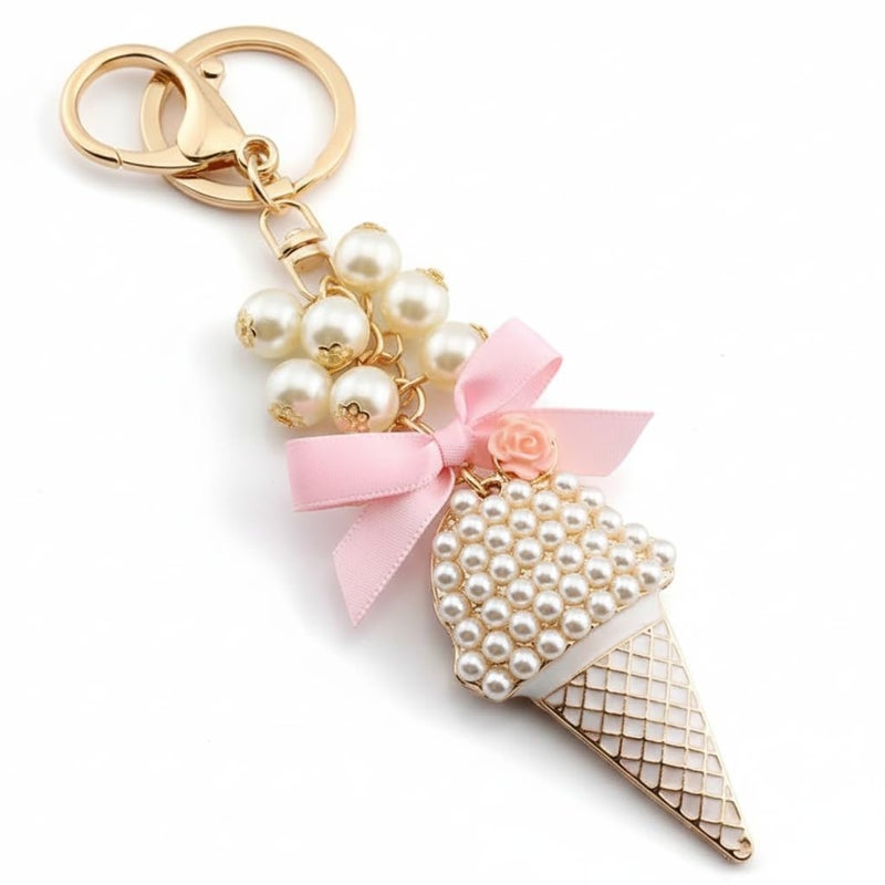 MyfavoriteK Ice Cream Keychain with Pearls and Sparkles â€“ Elegant Chic Key Chain Accessory Charm for Purse Bags Cute Keychain (Pink) - Image 1