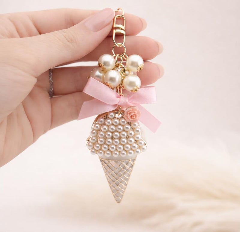 MyfavoriteK Ice Cream Keychain with Pearls and Sparkles â€“ Elegant Chic Key Chain Accessory Charm for Purse Bags Cute Keychain (Pink) - Image 3