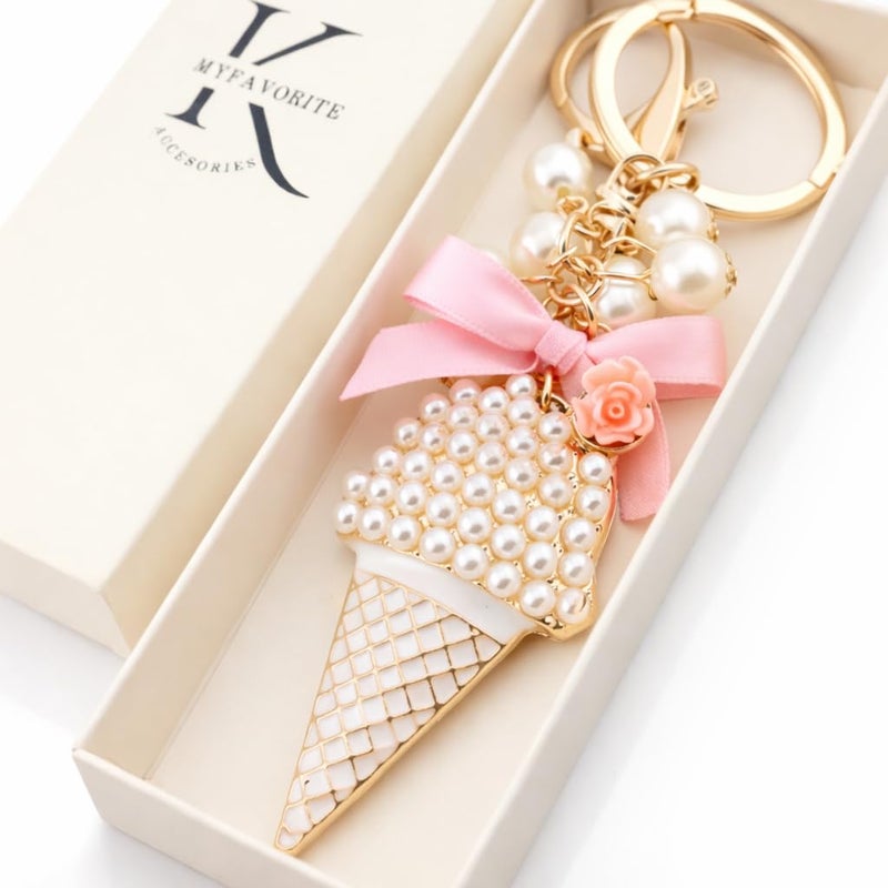 MyfavoriteK Ice Cream Keychain with Pearls and Sparkles â€“ Elegant Chic Key Chain Accessory Charm for Purse Bags Cute Keychain (Pink) - Image 5