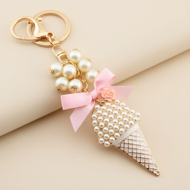 MyfavoriteK Ice Cream Keychain with Pearls and Sparkles â€“ Elegant Chic Key Chain Accessory Charm for Purse Bags Cute Keychain (Pink) - Image 2
