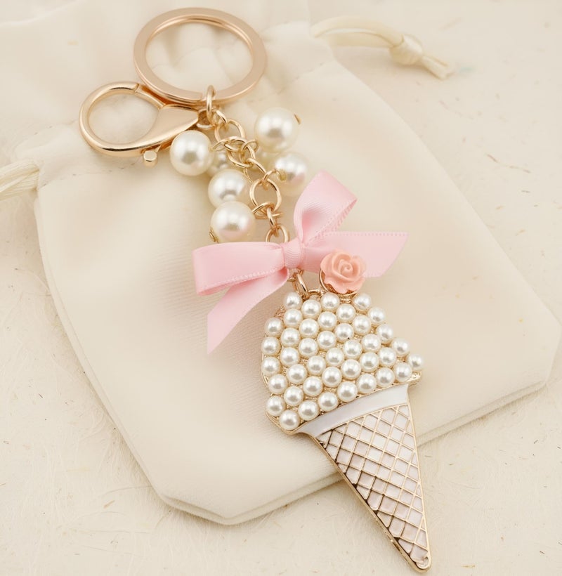 MyfavoriteK Ice Cream Keychain with Pearls and Sparkles â€“ Elegant Chic Key Chain Accessory Charm for Purse Bags Cute Keychain (Pink) - Image 4
