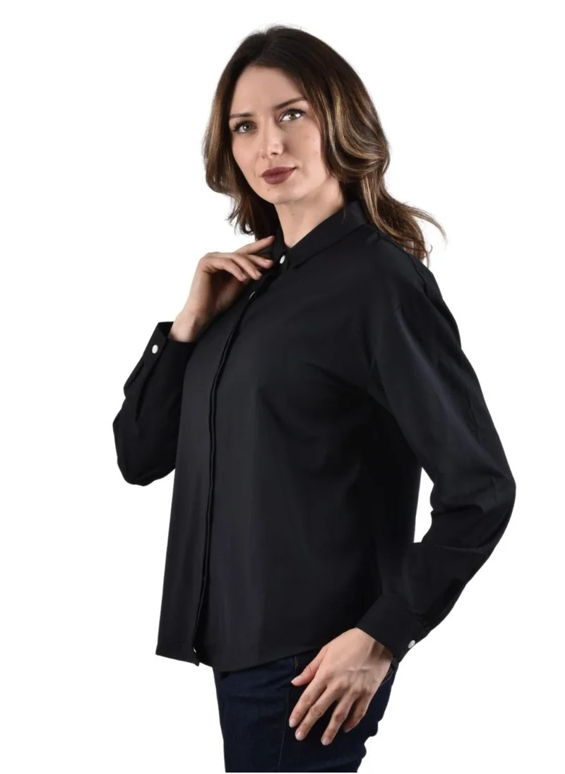 جيوردانو Women's Twill Acute Collar Shirt - Black