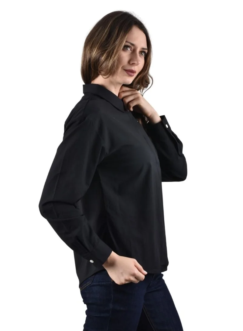 جيوردانو Women's Twill Acute Collar Shirt - Black