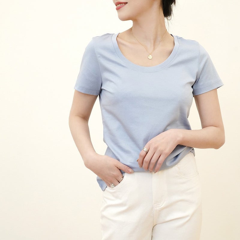 High-grade Sense Mulberry Silk Collarbone Large Neck mercerized Cotton Short-sleeved T-shirt Women''s Large Round Neck Chic Low Collar Top - Image 2